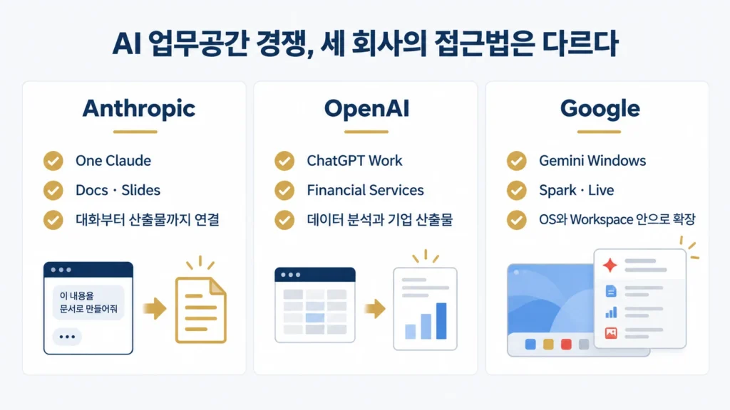 Anthropic·OpenAI·Google의 AI 업무공간 전략과 문서·분석·Workspace 확장 방식 비교