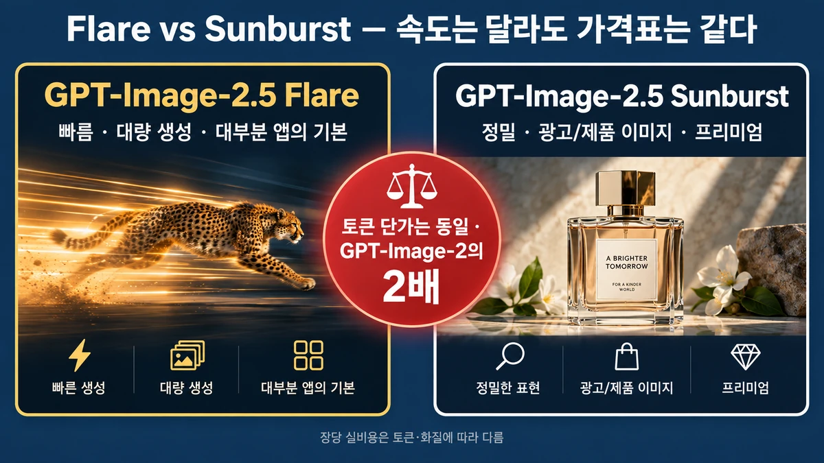 Flare는 고속 대량 생성, Sunburst는 정밀 제작용이며 토큰 단가는 같고 GPT-Image-2의 두 배라는 비교 카드