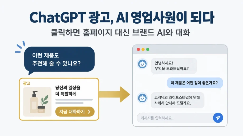 광고 카드에서 브랜드 AI 대화창으로 이어지는 흐름을 표현한 대표 이미지