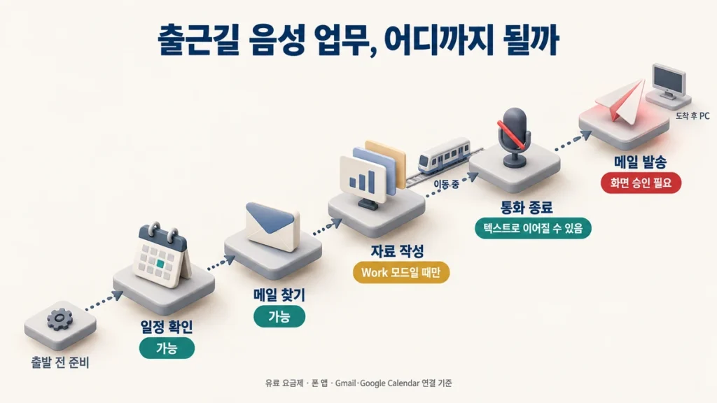 일정 확인부터 메일 발송까지 출근길 음성 업무 5단계와 단계별 가능 여부를 보여주는 아이소메트릭 다이어그램