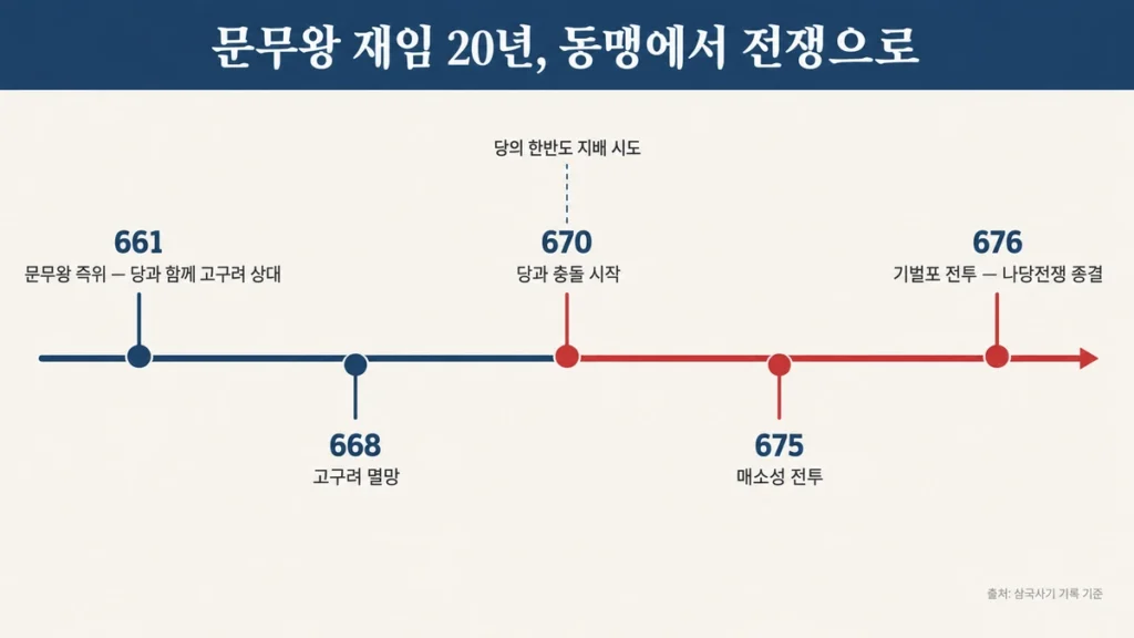 문무왕 재임 661년부터 681년까지 주요 사건을 연도순으로 정리한 타임라인