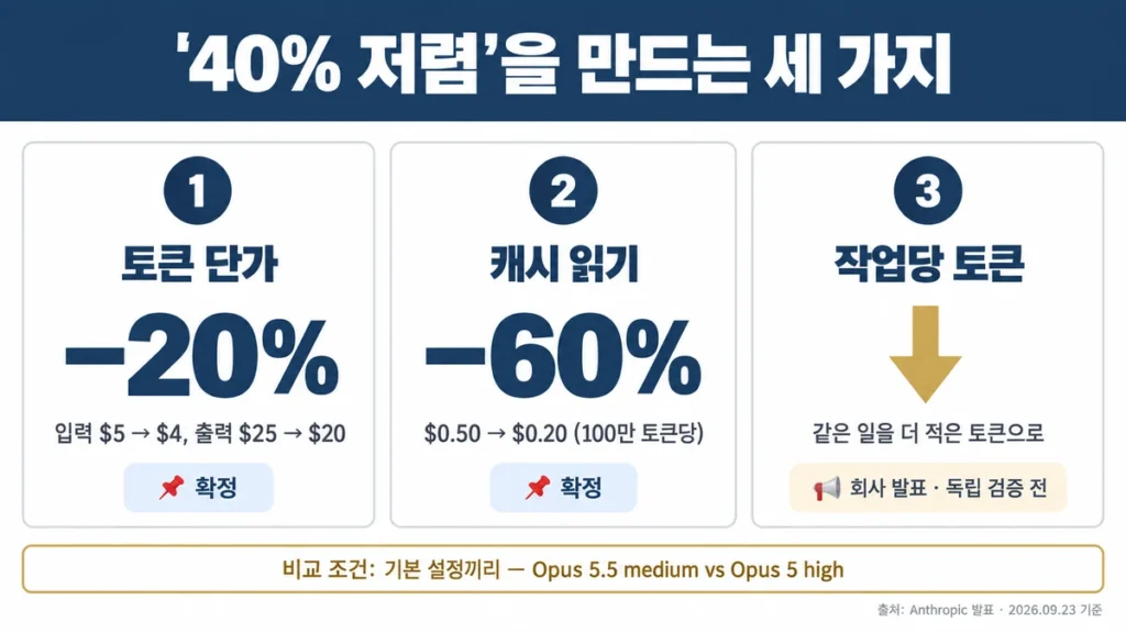 Opus 5.5 비용 절감을 이루는 토큰 단가 20% 인하, 캐시 읽기 60% 인하, 작업당 토큰 감소 세 가지와 기본 설정 비교 조건