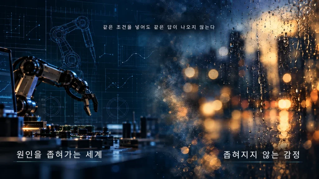 로봇 연구 설계 화면과 비에 젖은 도시 불빛을 좌우로 대비한 이미지