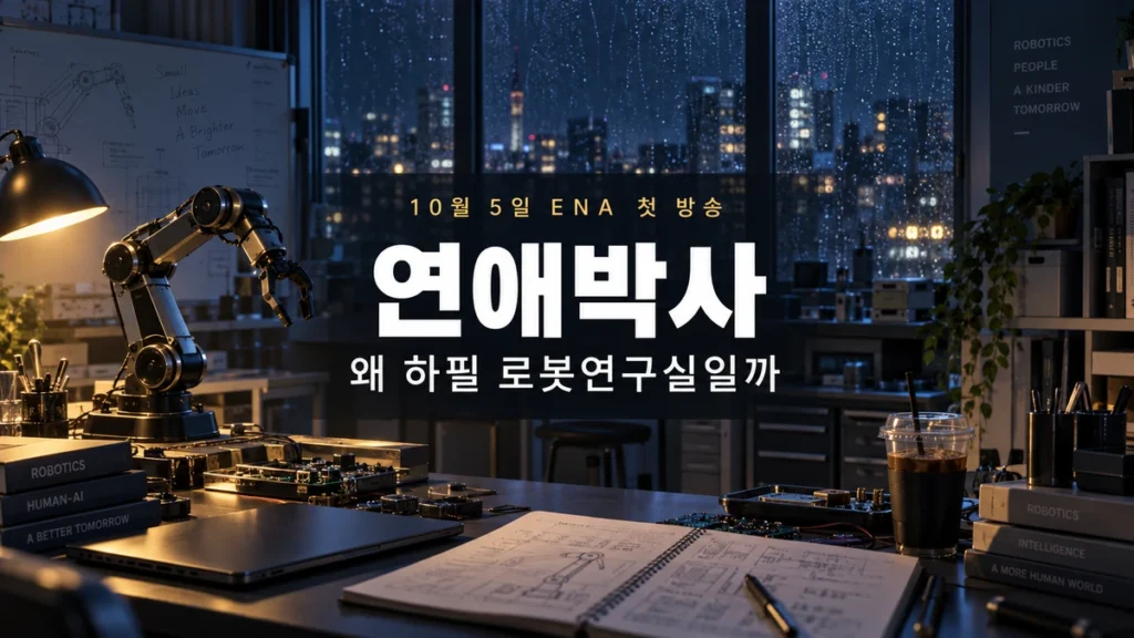 밤의 로봇 연구실 책상 위에 로봇 팔과 공학 노트가 놓인 연애박사 대표 이미지