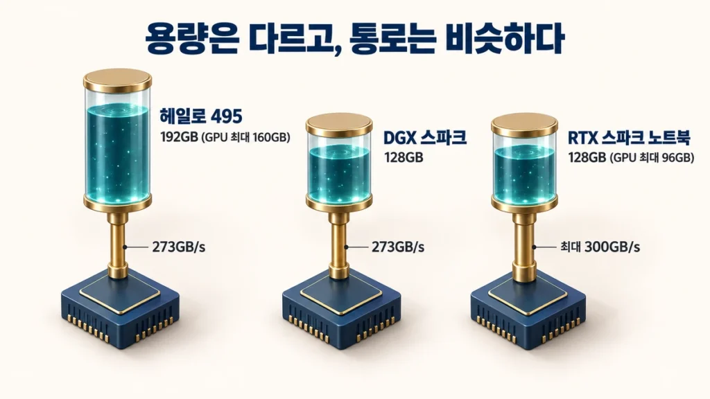 헤일로 495·DGX 스파크·RTX 스파크 노트북의 메모리 용량과 대역폭을 탱크 높이와 파이프 굵기로 비교한 구조도