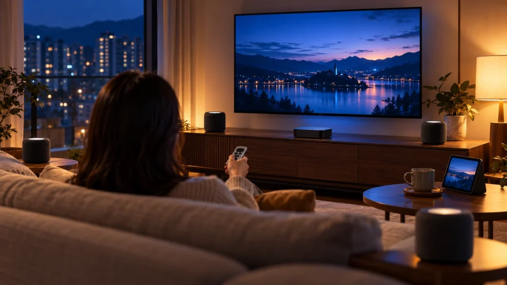 저녁 아파트 거실에서 소파에 앉아 리모컨으로 TV를 보는 사람의 뒷모습, TV 아래 셋톱박스와 주변의 원통형 소형 스피커들