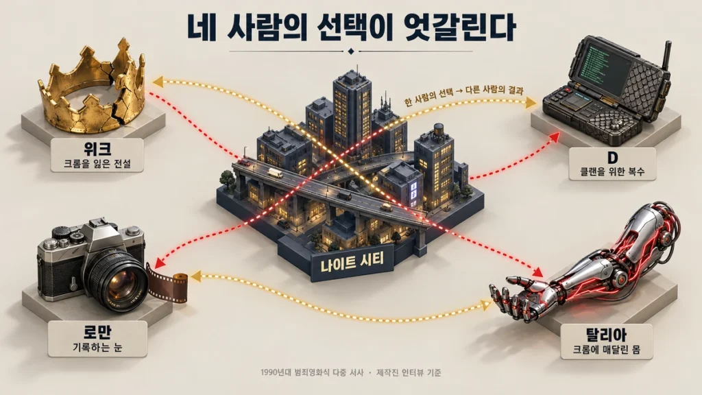 나이트 시티 미니어처를 가운데 두고 금 간 왕관, 해킹 단말, 필름 카메라, 붉은 회로 의수가 화살표로 엇갈려 연결된 네 인물 관계도