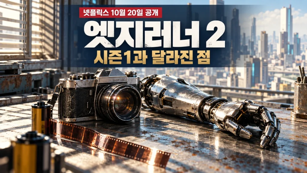 녹슨 작업대 위에 놓인 빈티지 필름 카메라와 크롬 의수 팔, 위쪽에 '엣지러너 2 시즌1과 달라진 점' 문구와 '넷플릭스 10월 20일 공개' 배지