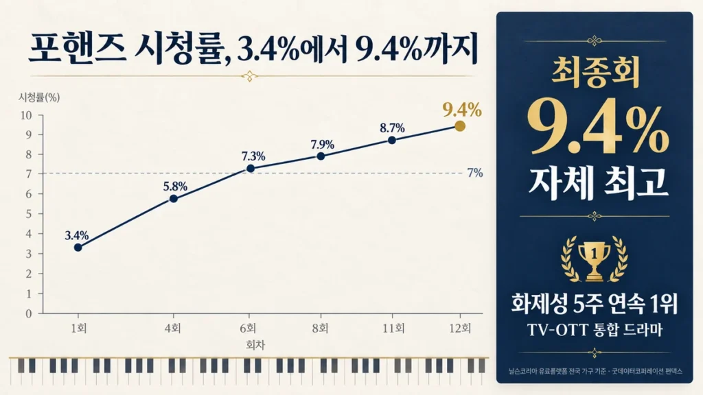 포핸즈 1회 3.4%에서 12회 9.4%까지 시청률 변화와 화제성 5주 연속 1위 인포그래픽
