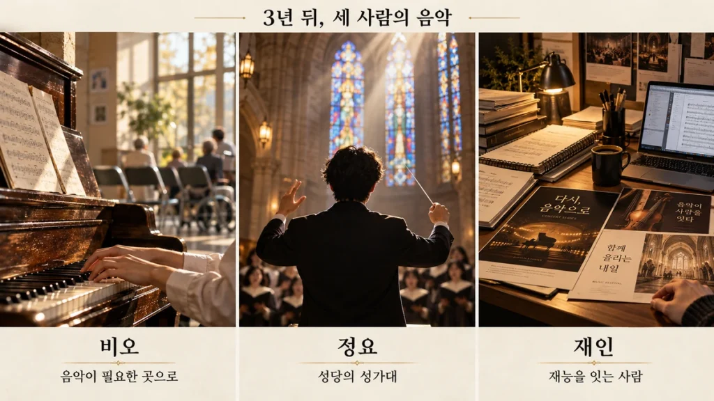 3년 뒤 동네 피아노, 성당 성가대, 매니지먼트 책상으로 갈라진 세 사람의 음악 경로