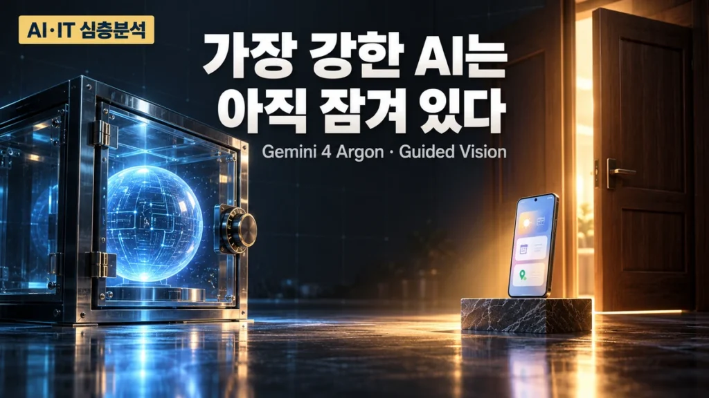 잠긴 유리 금고 속 빛나는 구체와 열린 문 너머 스마트폰 카메라를 대비한 썸네일