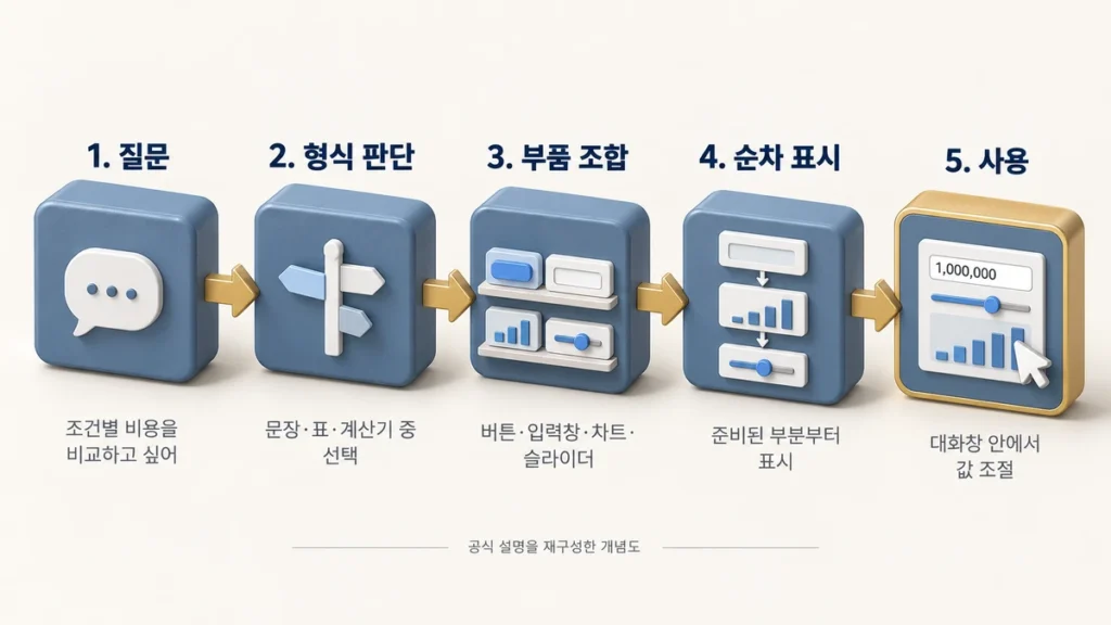 질문, 형식 판단, 부품 조합, 순차 표시, 사용으로 이어지는 Intelligent UI 작동 5단계 다이어그램