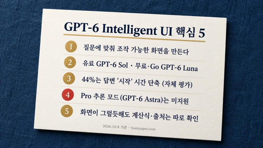 GPT-6 Intelligent UI 핵심 5가지를 정리한 종이 질감 요약 카드