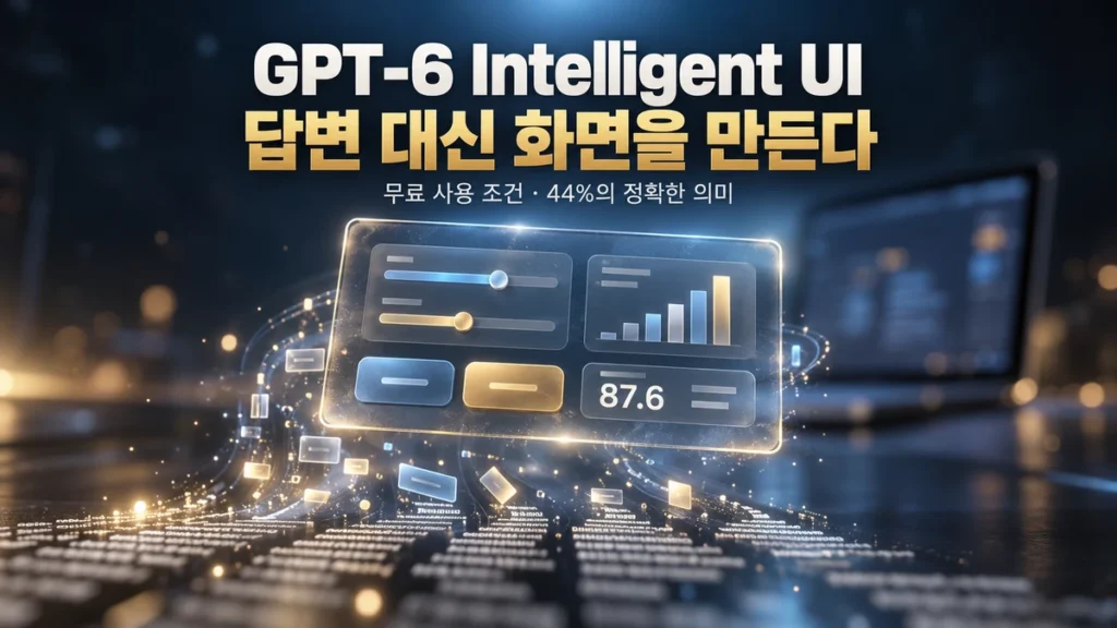 반투명 유리 패널 속 슬라이더와 그래프가 글줄에서 조립되는 GPT-6 Intelligent UI 개념 썸네일