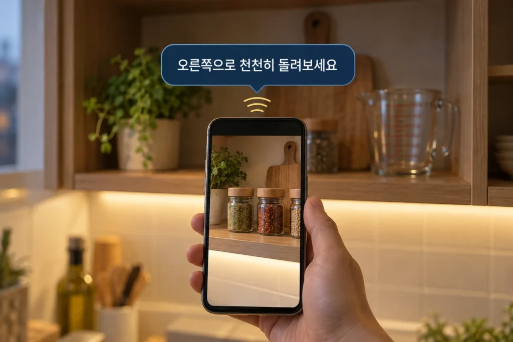 부엌 찬장 앞에서 스마트폰 카메라를 비추자 화면에 방향 안내 말풍선이 뜬 장면
