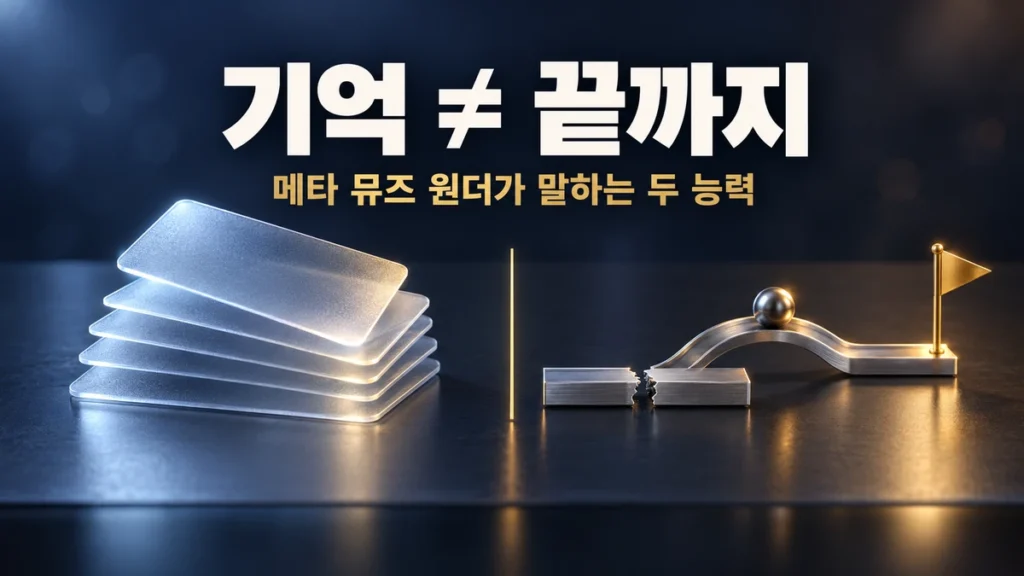 서리 유리 카드 더미와 끊긴 레일을 우회해 깃발로 향하는 금속 구슬 위에 '기억 ≠ 끝까지' 문구를 얹은 메타 뮤즈 원더 대표 이미지