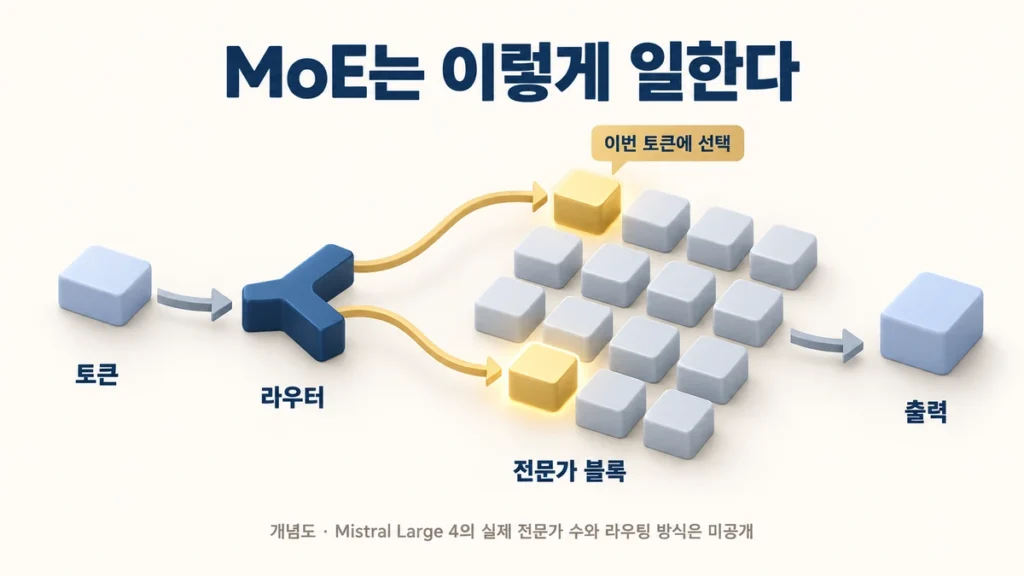토큰이 라우터를 거쳐 16개 전문가 블록 중 2개만 선택된 뒤 출력으로 이어지는 MoE 구조 개념도