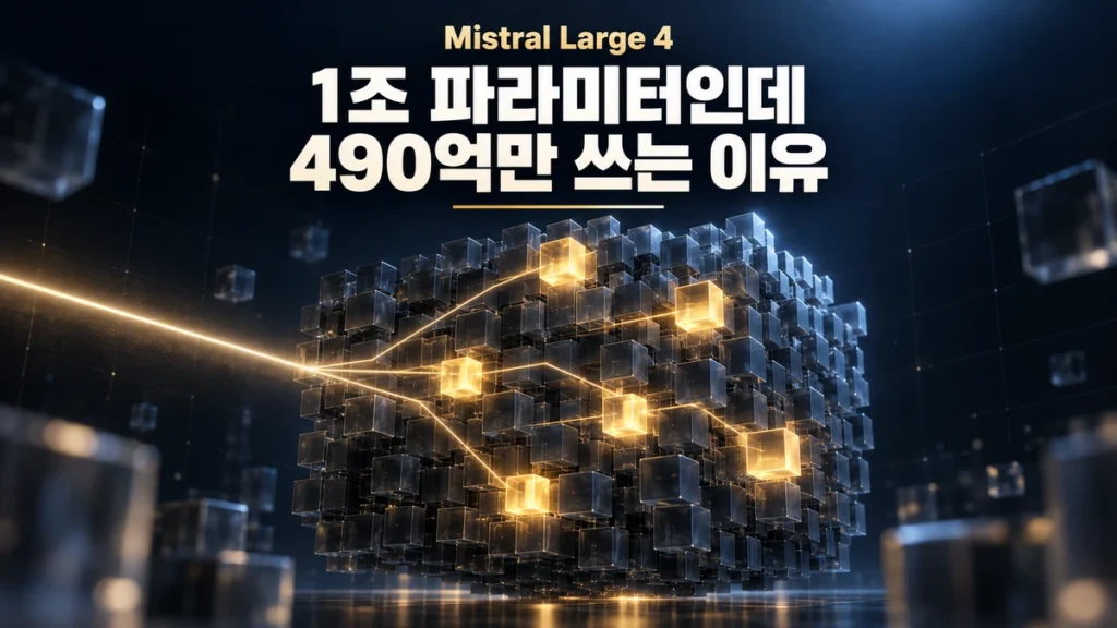 수백 개의 큐브 중 일부만 골드빛으로 켜진 3D 격자 위에 '1조 파라미터인데 490억만 쓰는 이유' 문구가 적힌 썸네일