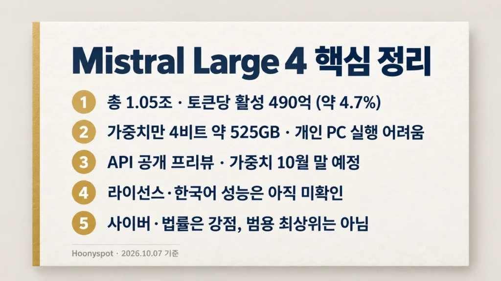 Mistral Large 4의 파라미터, 메모리, 공개 일정, 미확인 사항, 외부 평가를 다섯 줄로 정리한 요약 카드