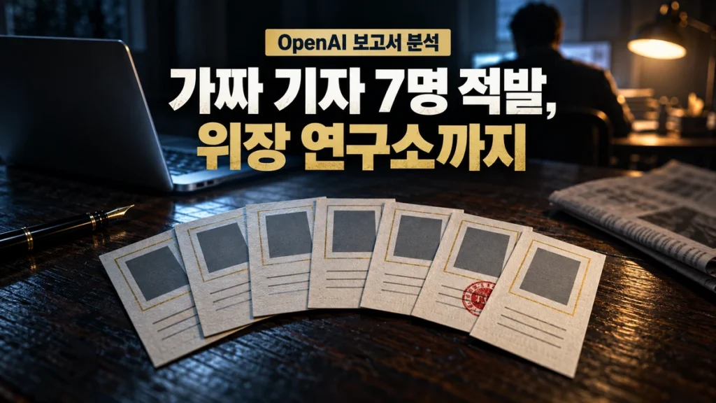 얼굴 칸이 빈 기자 명함 7장과 노트북 앞 익명 실루엣, 가짜 기자 7명 적발 문구