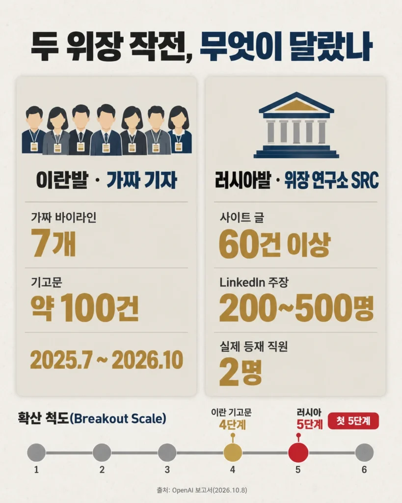 이란발 가짜 기자와 러시아발 위장 연구소 SRC의 규모와 확산 단계 비교
