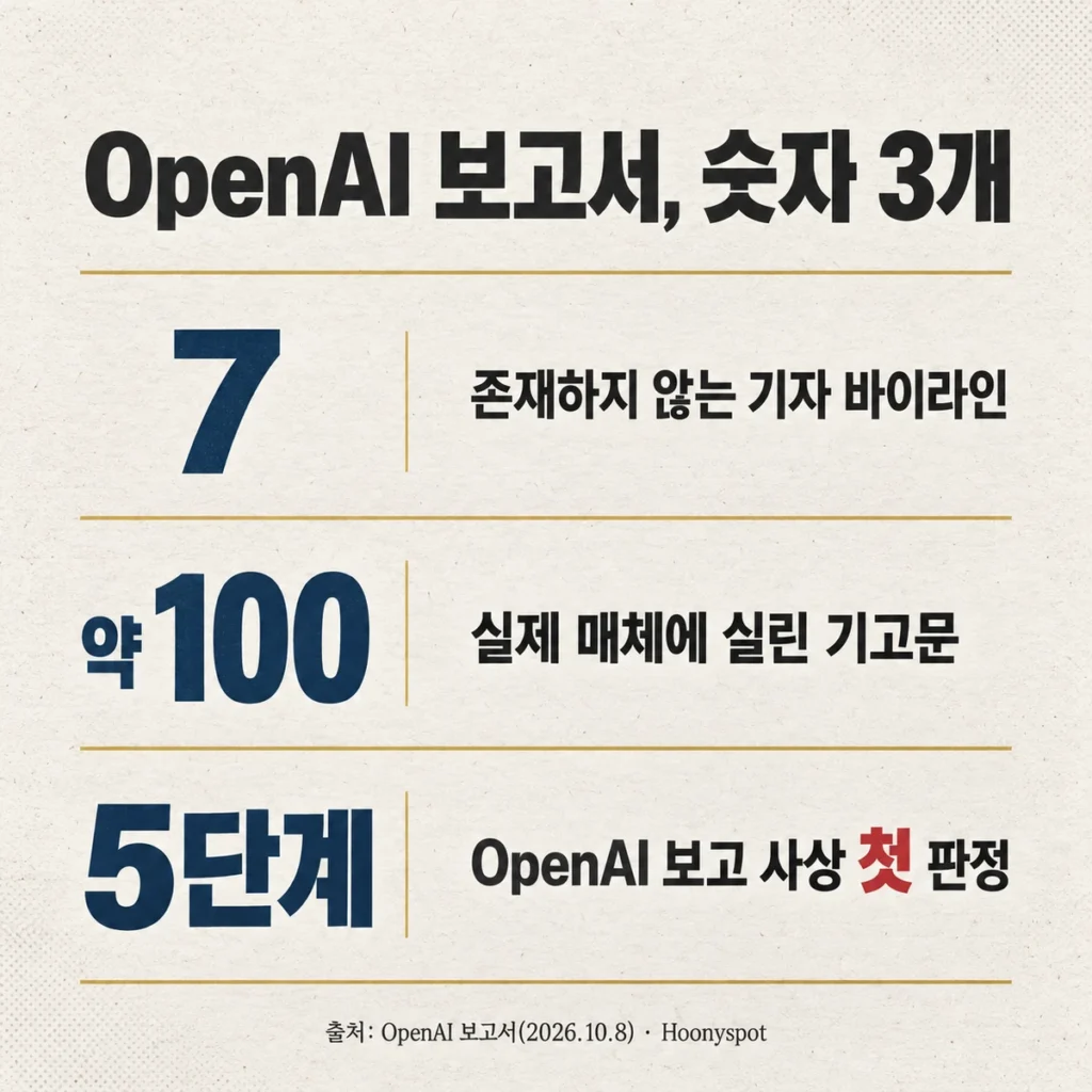 가짜 바이라인 7개, 기고문 약 100건, 첫 5단계 판정을 정리한 요약카드