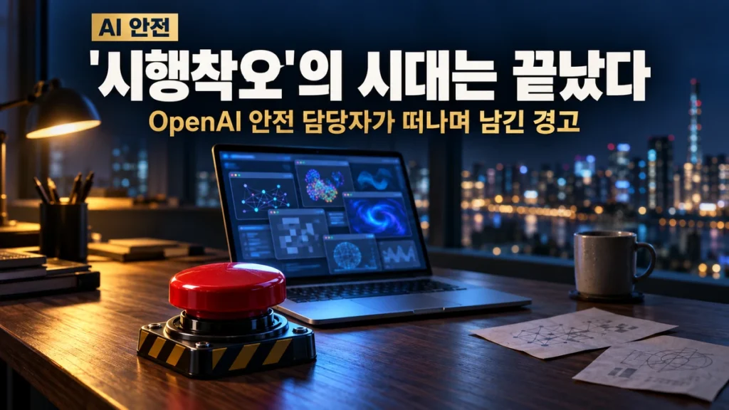 밤의 빈 사무실 책상 위 노트북 화면에 여러 작업 창이 동시에 실행되고, 옆에 멈춤 버튼이 놓인 장면