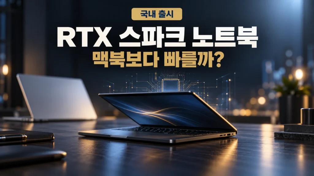 어두운 책상 위 반쯤 열린 그래파이트 노트북과 '국내 출시 RTX 스파크 노트북 맥북보다 빠를까?' 문구