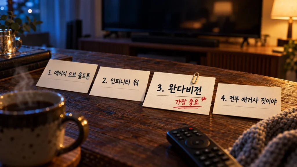 비전퀘스트 시청 전 추천하는 MCU 작품 네 편을 적은 메모 카드